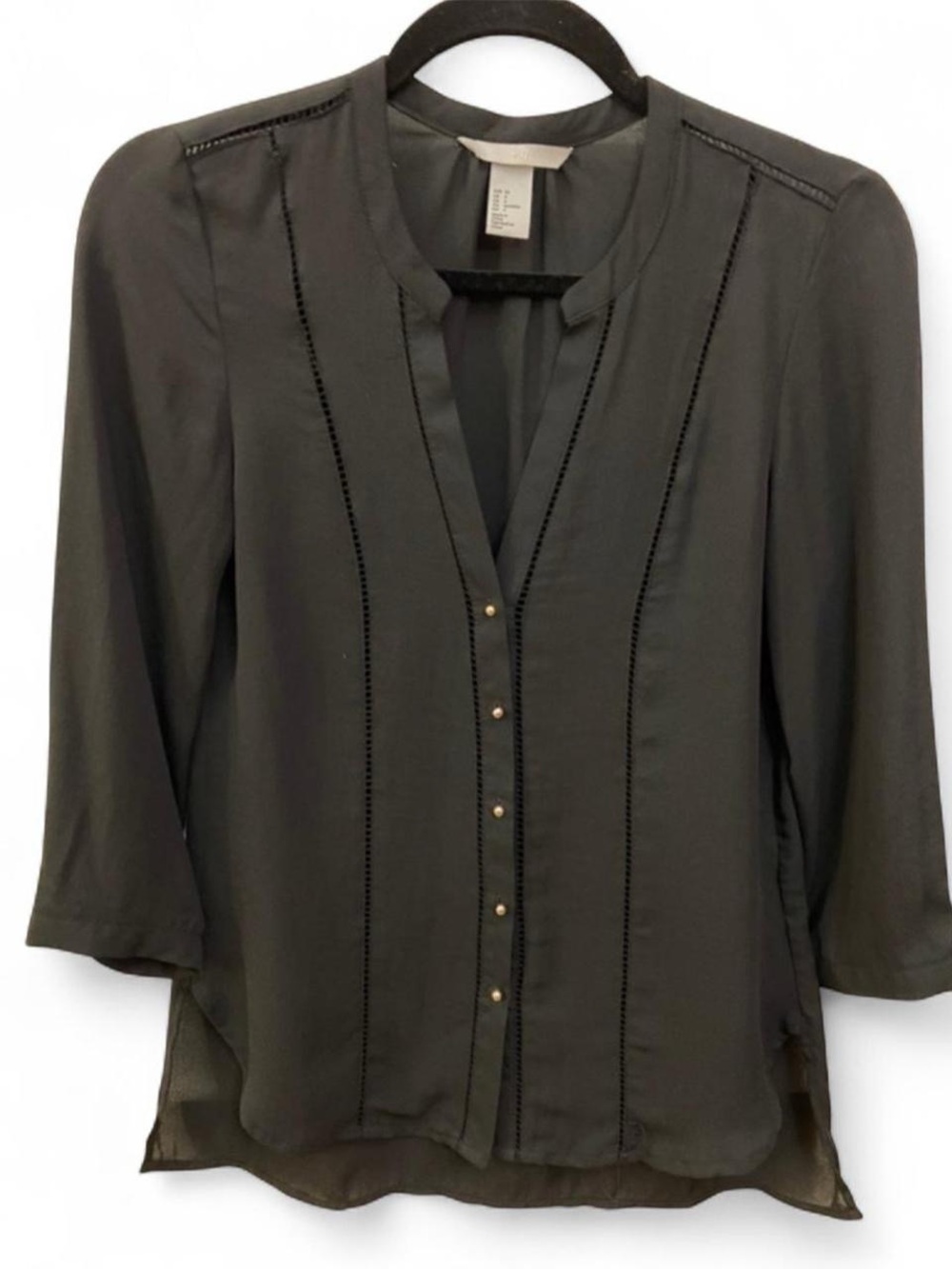 H&M Olive Green Split-Neck Pintuck Blouse